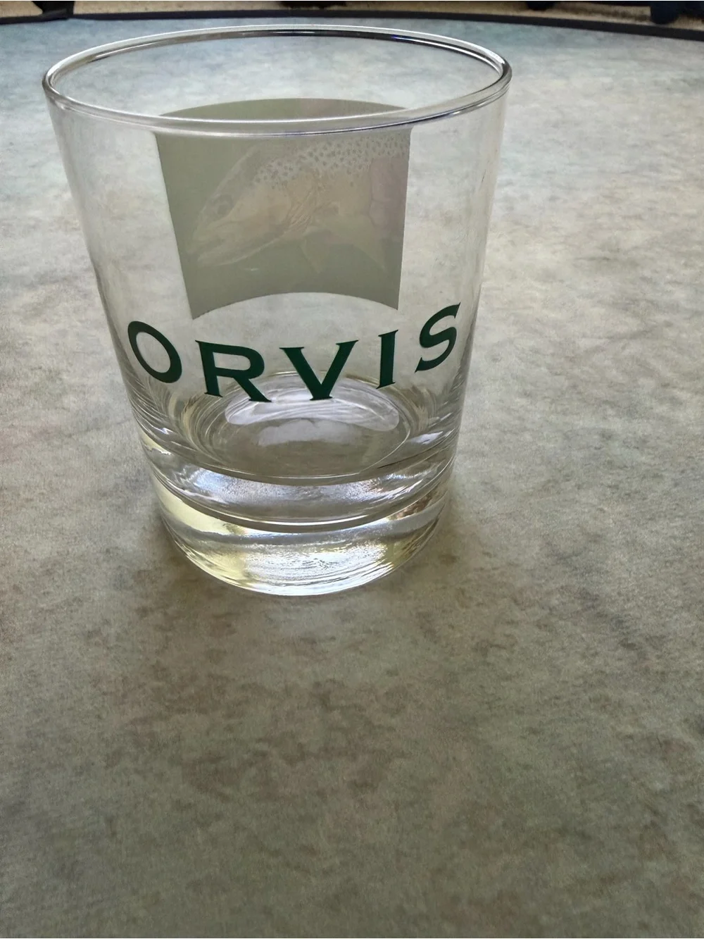 Orvis Clear Glass Tumbler with Green Logo and Fish Emblem
